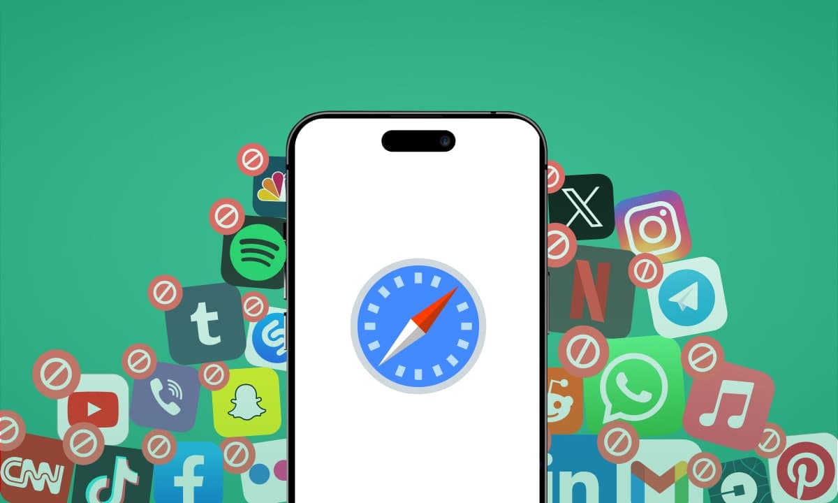 An iPhone showing the Safari icon, surrounded by a pile of social and streaming app icons each marked with a red no-entry sign
