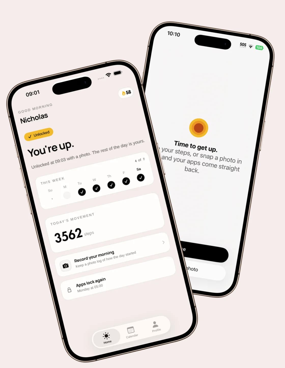Rise on iPhone: the morning app lock screen and an unlocked morning with steps and weekly progress.